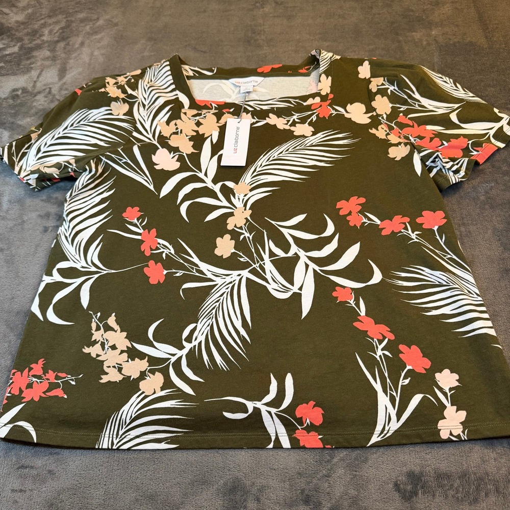 Liz Claiborne Tropical Floral Square Neck Short Sleeve Top Womens XL Olive Green